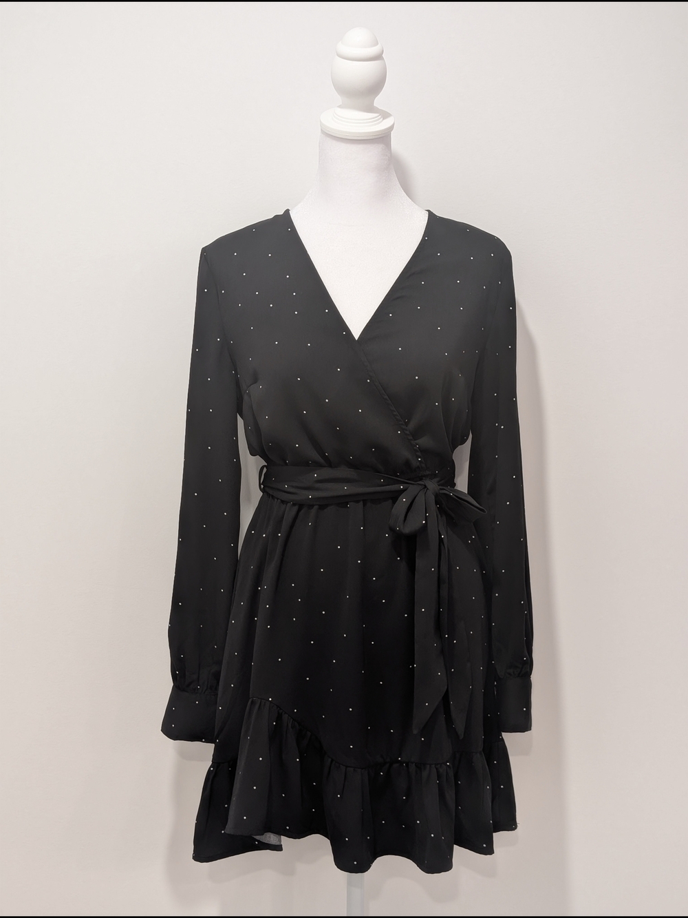 Dynamite Long Sleeve Mini Wrap Dress with Polka Dots - Black & White